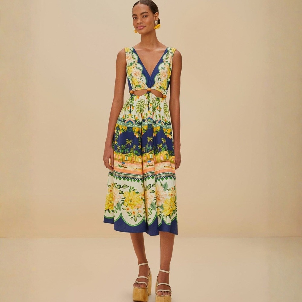 FARM Rio Amazon Garden Cream Midi Dress NWT Size XS‎ Floral Print Beach Resor